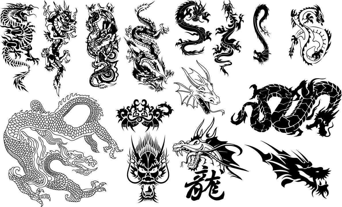 Oriental dragons silhouettes
